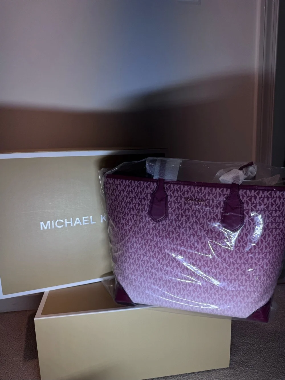 Michael Kors Ombré Monogram Tote Bag with Burgundy Trim